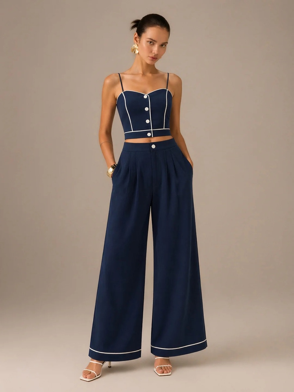 129 Cotton Linen Cami Top & Wide Leg Pants Set